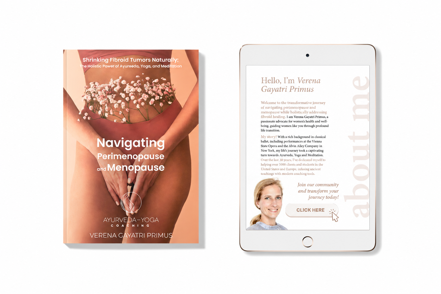 Mockup del libro impreso «Navigating Perimenopause and Menopause» junto a su versión digital en tableta
