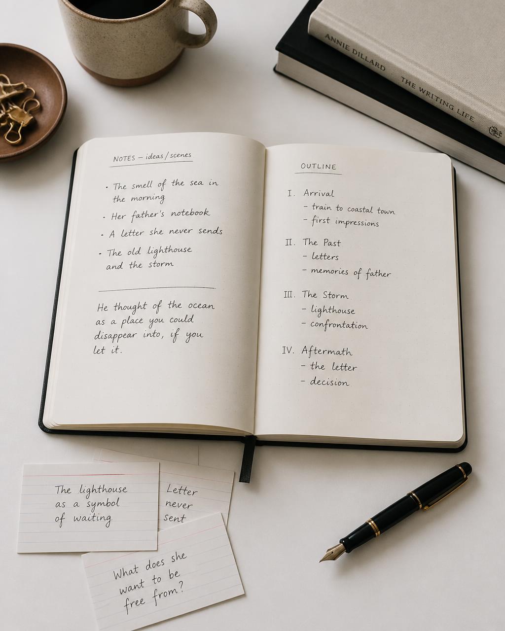 Cuaderno con notas y esquema de capítulos de un libro en preparación